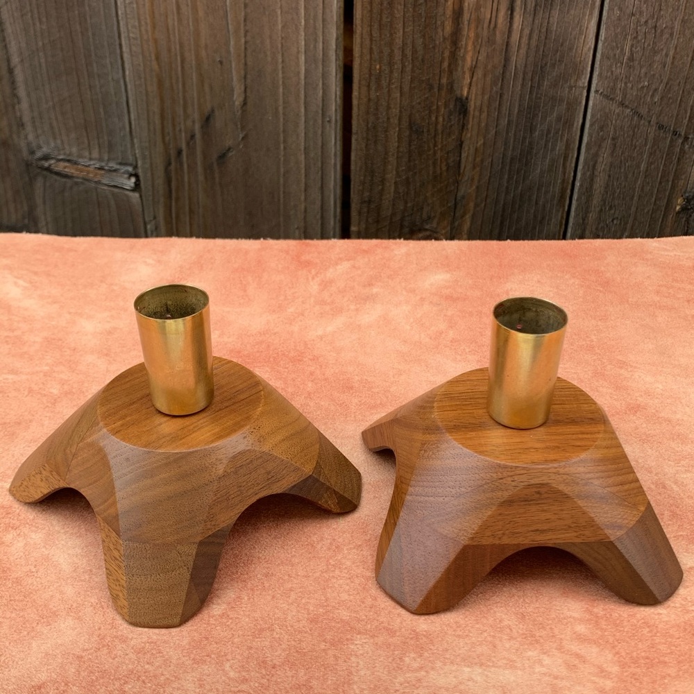 2 Mid-Century Danish Wood Vintage Candle Holders